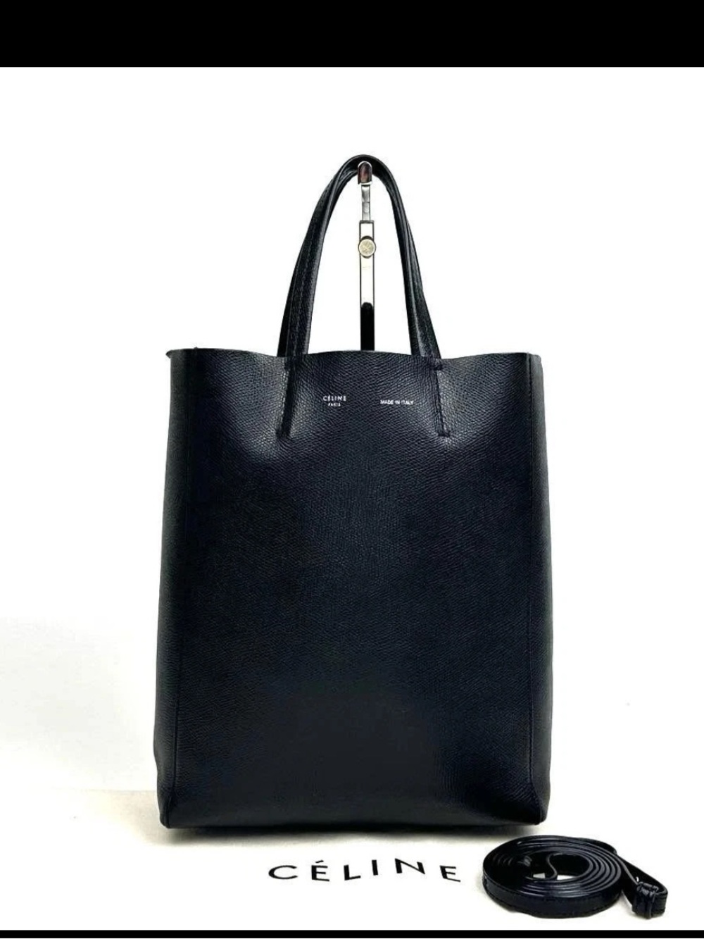 Celine Black Pebbled Leather Logo Tote